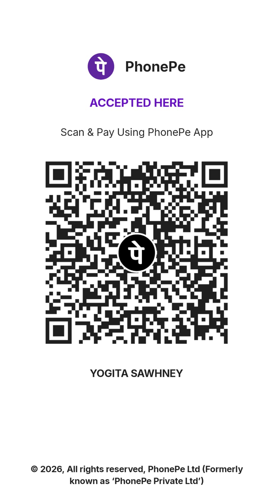 UPI payment QR code for Yogita Sawhney